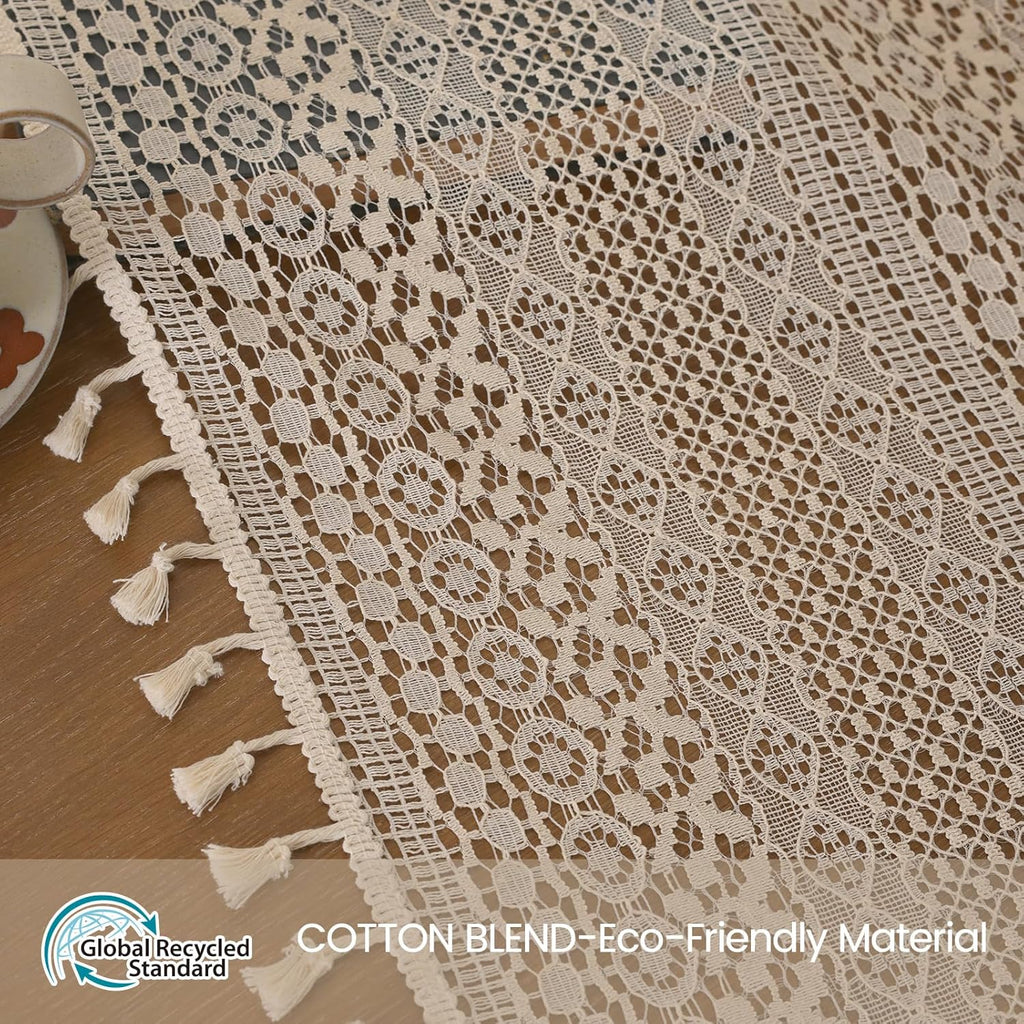 Boho Crochet Curtains for Living Room Lace Curtains 84 Inches Long 2 Panel, Rod Pocket Vintage Tassel Bohemian Decor