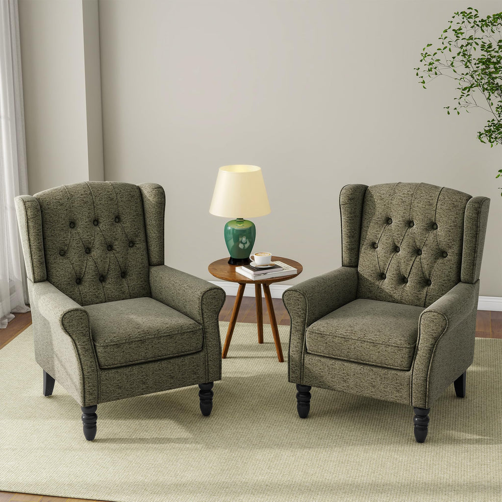Chenille Wingback Accent Chair, Tufted High Back Armchair, Green