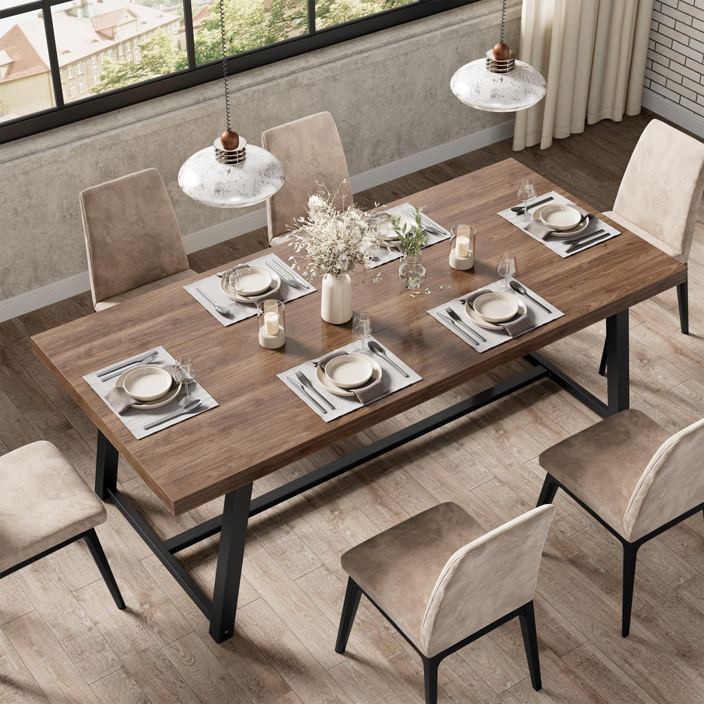 71" Dining Table for 6-8 People, Industrial Kitchen Table with Sturdy Metal Frame, Rectangular Brown Wood Dinner Table