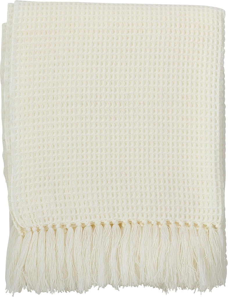 Classic Waffle Weave Tassel Trim Throw Blanket, 50" x 60", Ivory