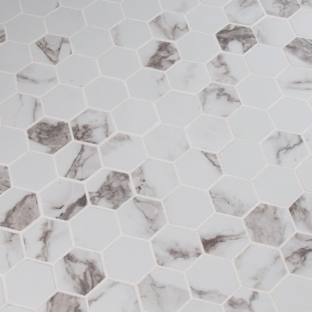 Statuario Hexagon Glazed Porcelain Mesh Mounted Wall Tile Flooring