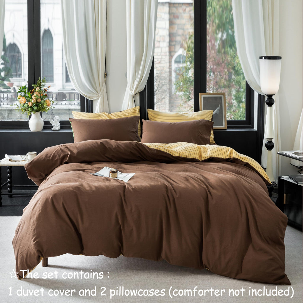 3Pcs Reversible Yellow Brown Striped Queen Duvet Cover Set