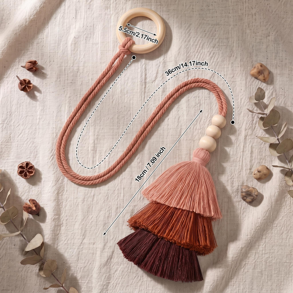 Boho Curtain Tiebacks with Wooden Beads Rings, Terracotta - 4 Pcs