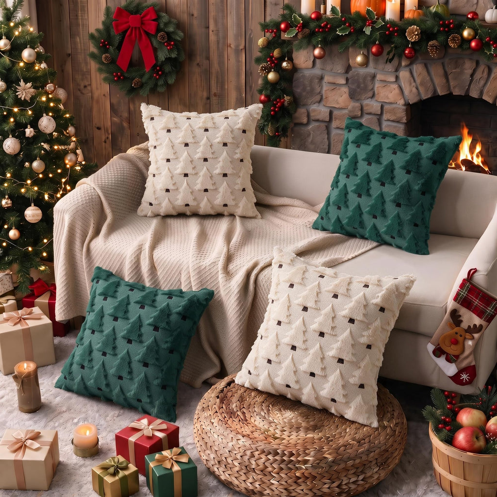 Christmas Throw Pillow Covers 18x18 inch Set of 4 Beige and Green