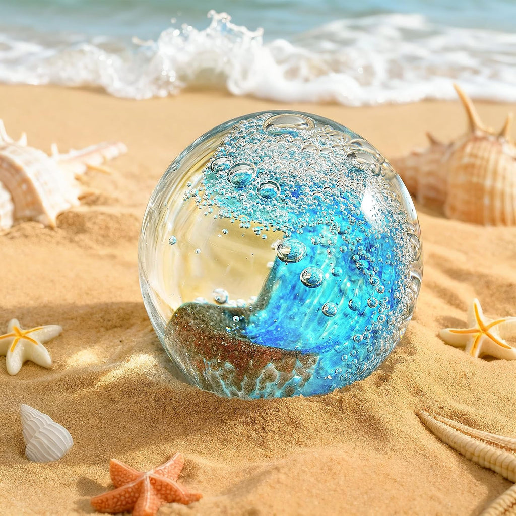 Hand Blown Glass Ocean Waves Ball Paperweight