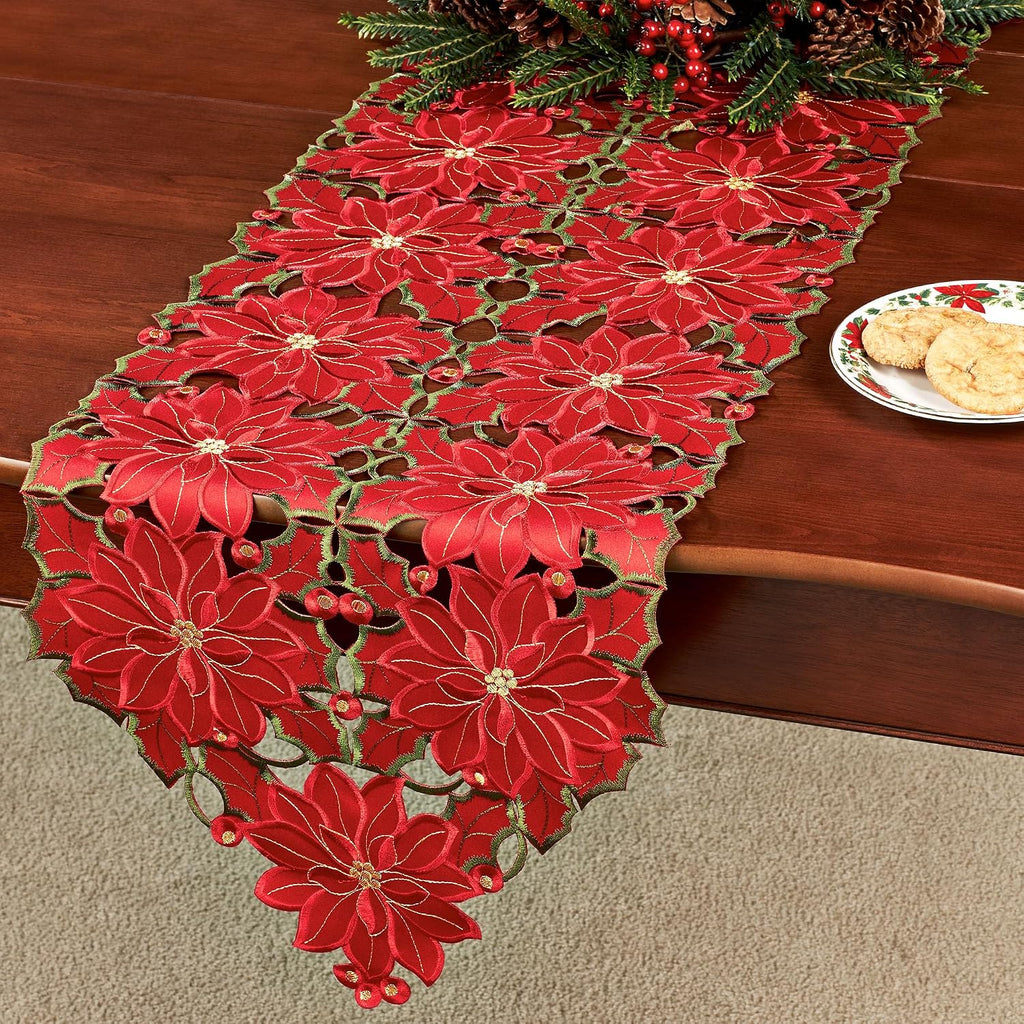 Christmas Poinsettia Luxury Holiday Table Runner, 16x86