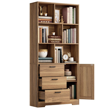 70.9-Inch Bookcase with Doors and 3 Drawers, Oak Brown