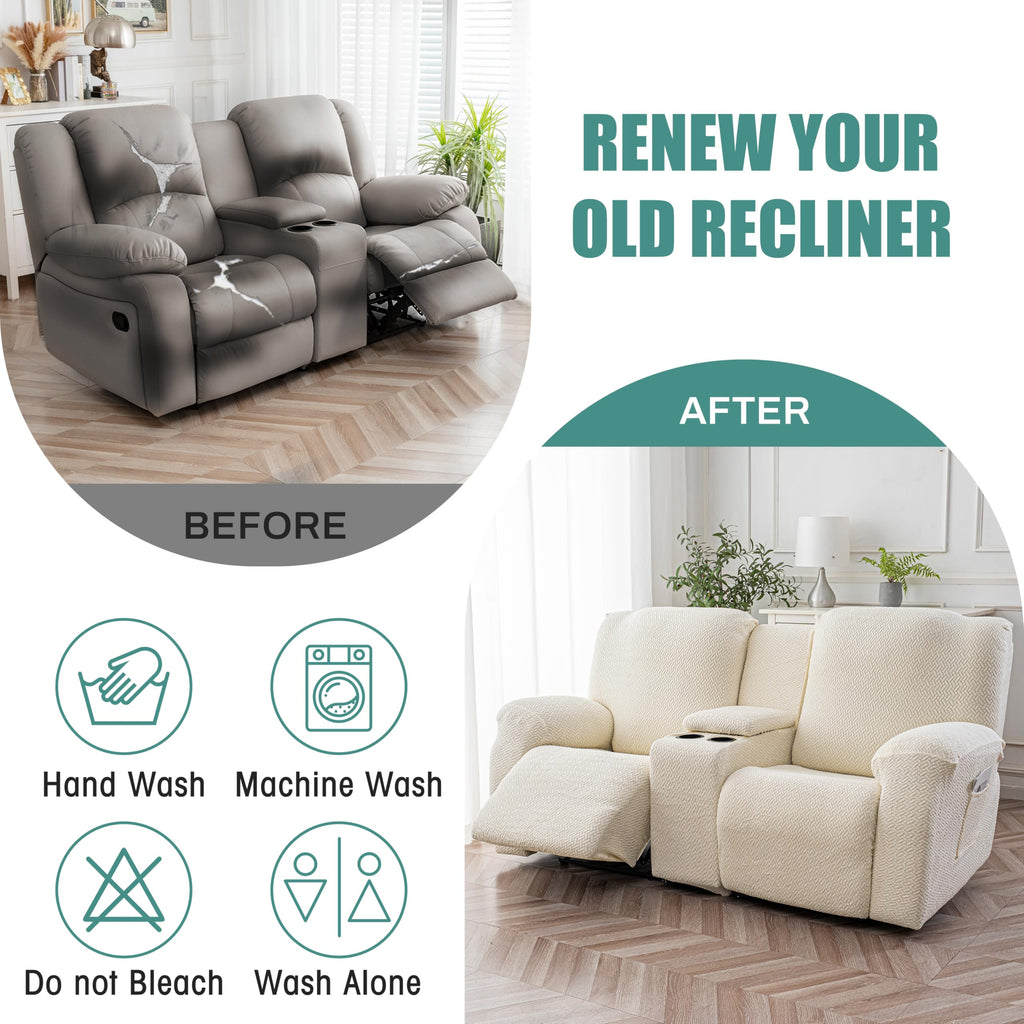 Recliner Loveseat Covers with Console, 2 Seater, Beige