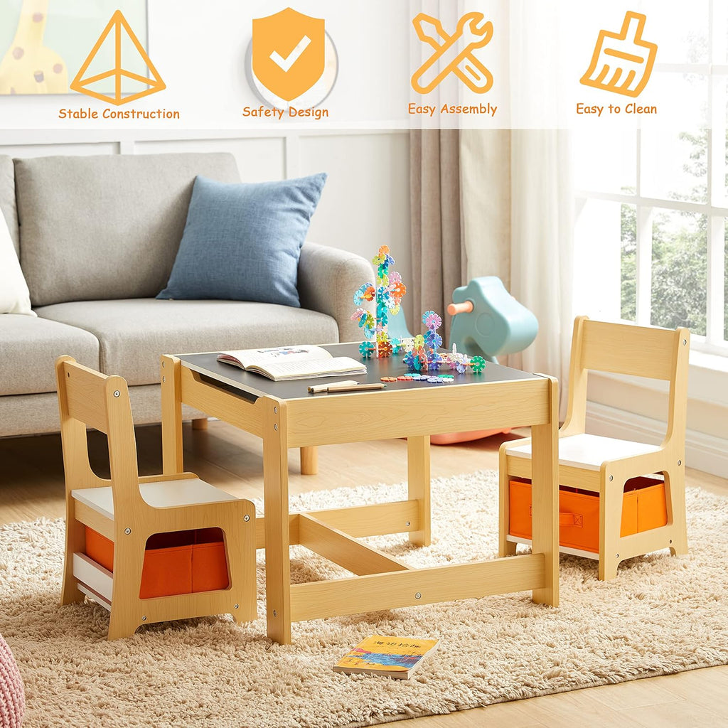 Kids Table and Chair Set, 3 in 1 Wooden Activity Table with Storage Drawer for Toddlers Drawing, Reading, Crafts, 2