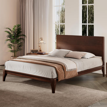 Mid-Century Modern King Bamboo Platform Bed with Headboard, Wood Slat, Center Support Legs, 8" Height Under Bed