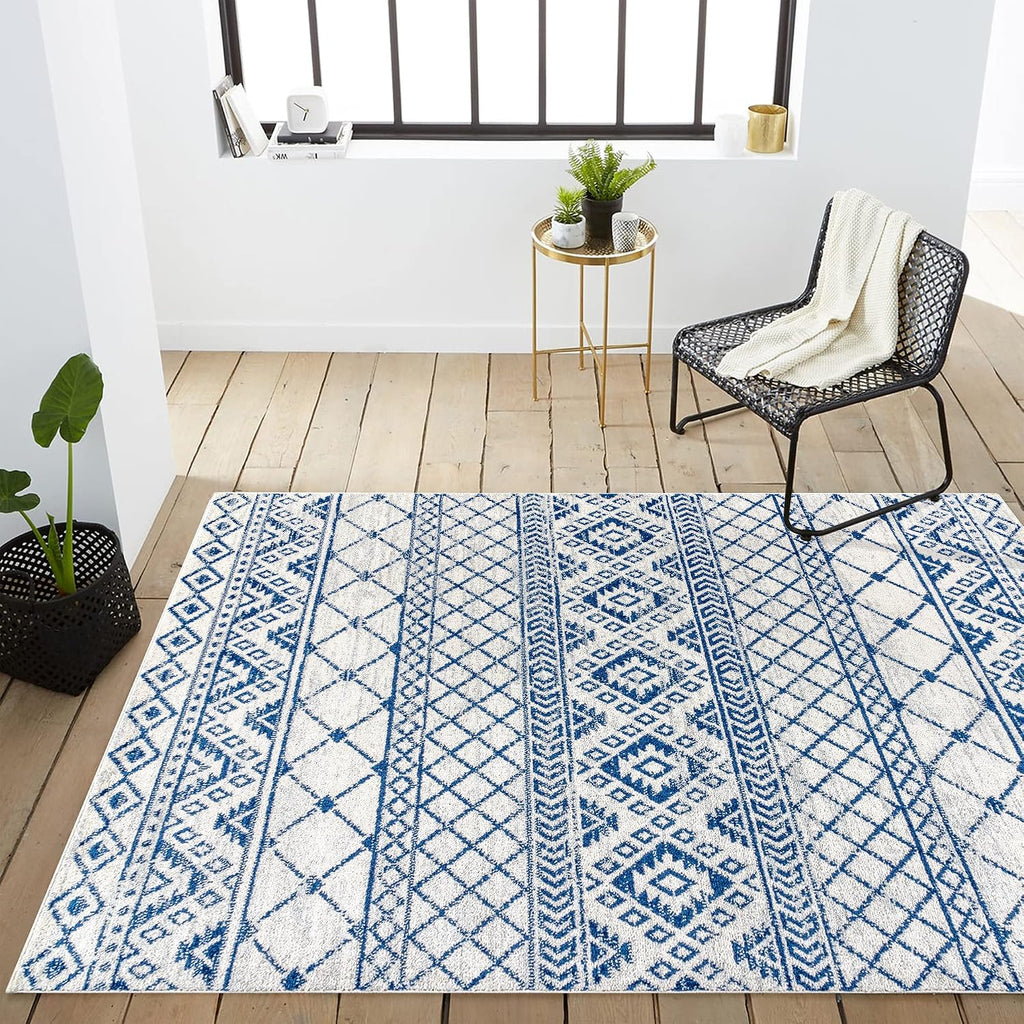 Moroccan Hype Boho Vintage Tribal Cream/Blue Indoor Area Rug, Bohemian, Vintage, Easy-Cleaning, Pet Friendly