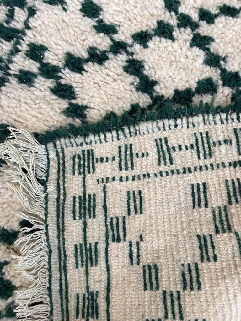 Handmade Moroccan Berber Area Rug 6' x 9', 100% Wool High Pile Shag, Ivory/Cream with Dark Green Small Diamond