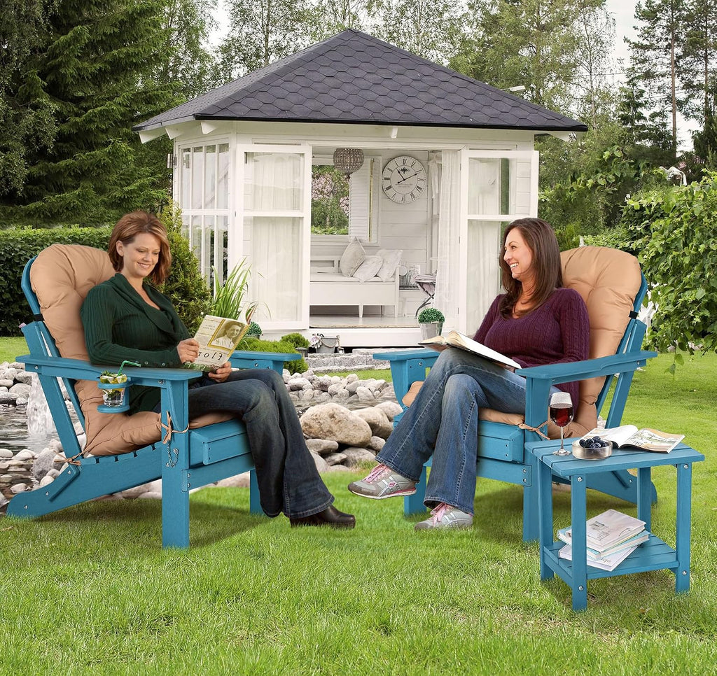 Folding Adirondack Chairs Set of 2 with Cushion with Cup Holder, HDPE Plastic Oversized Patio Chair Weather