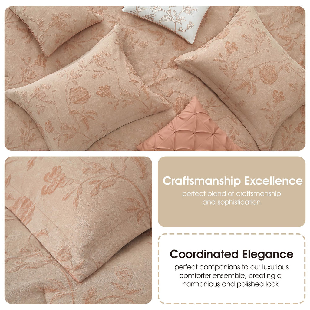 Floral Comforter Set, Blush 7 Pieces Jacquard Bedding Set, Cotton &Polyester Bedding, All Season