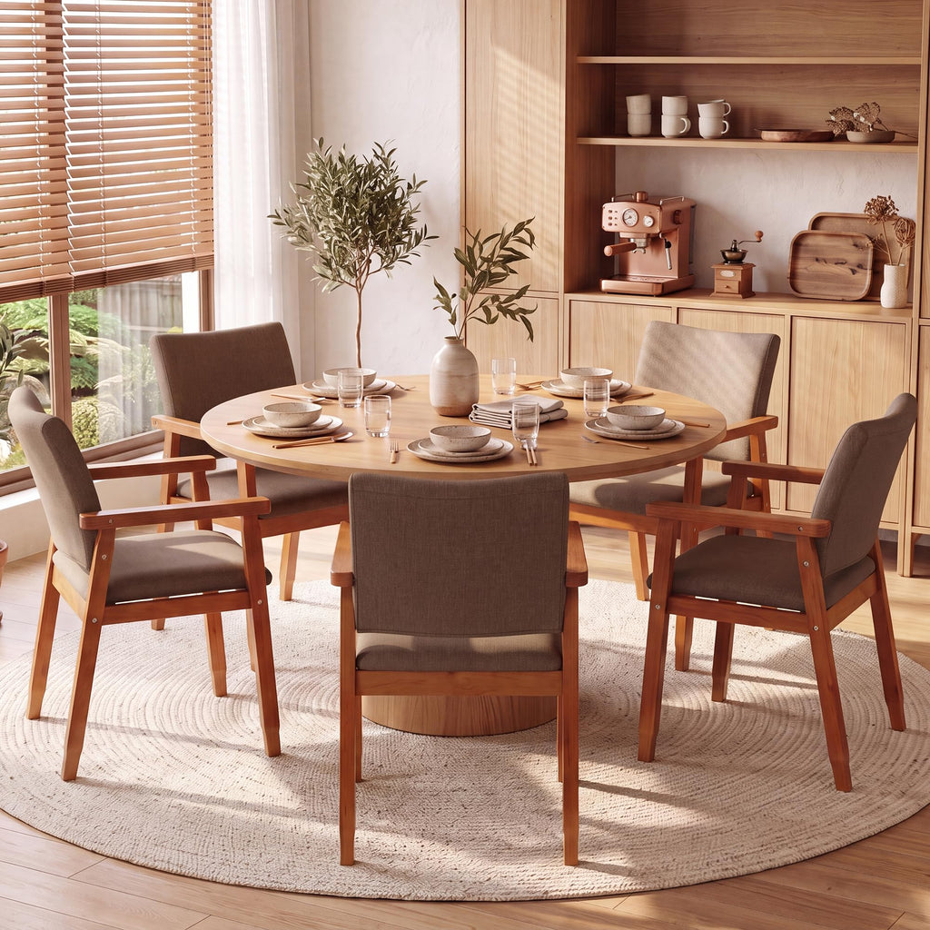 Linen Fabric Dining Chair with Arms, Solid Wood Frame, 320 lbs Load Capacity, Mid-Century Modern Upholstered Side
