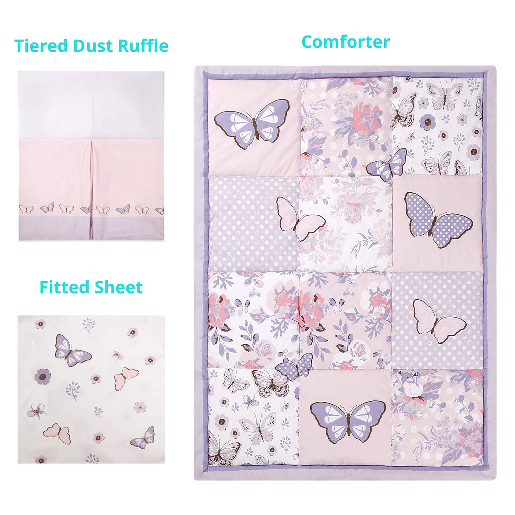 3-Piece Purple Butterfly Baby Crib Bedding Set for Girls, Lilac Standard Size Crib Set for Baby Girl, Comforter