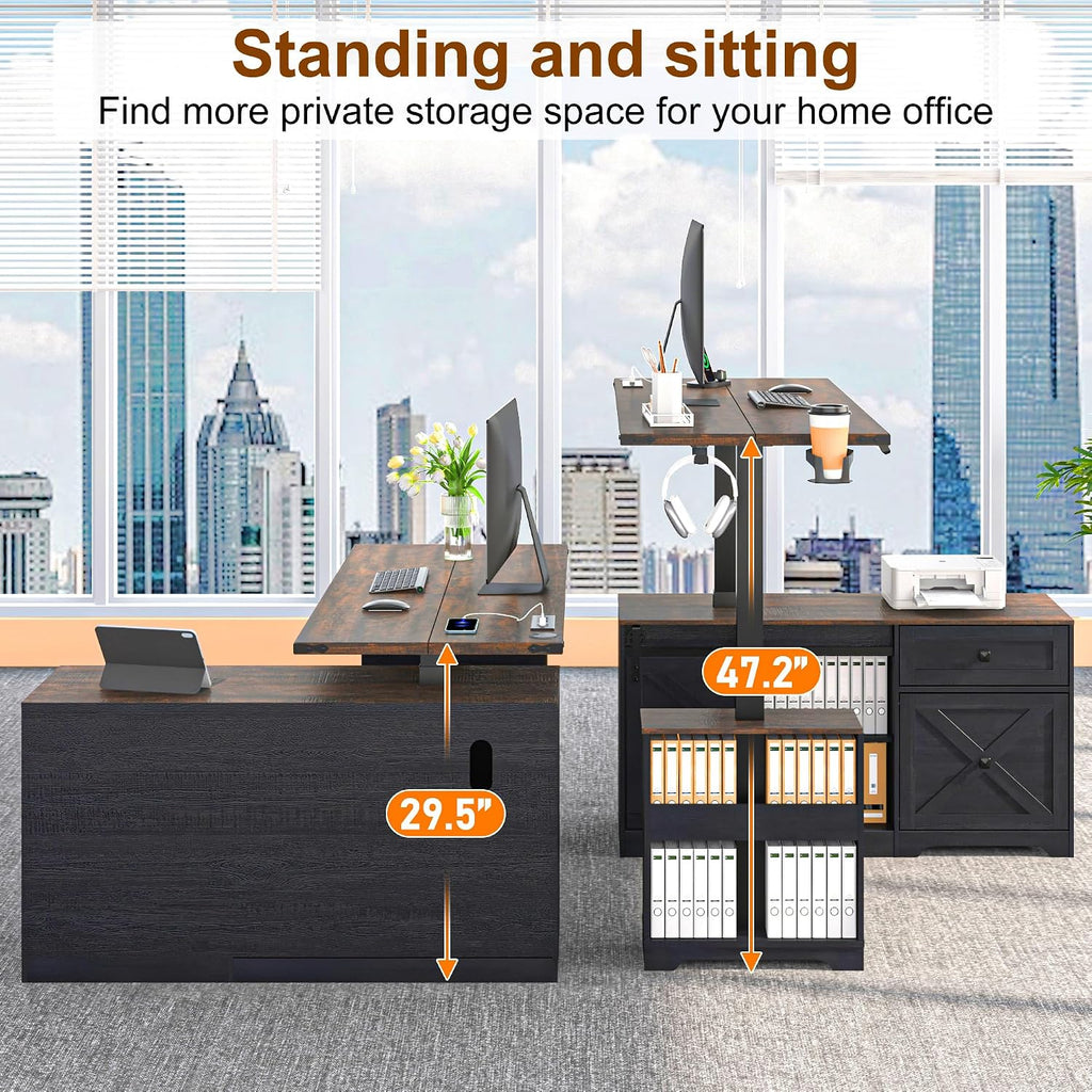 L Shaped Electric Standing Desk 55" Black with Power & Storage | File drawer, sliding door cabinet, cup holder