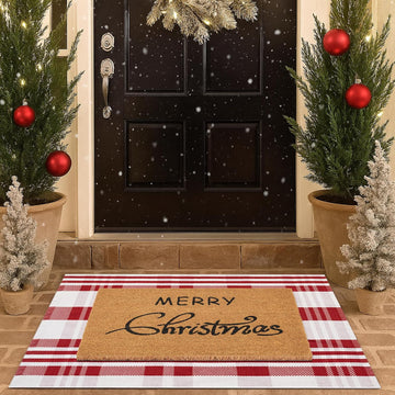Christmas Door Mat Combo Set - 100% Coco Coir Welcome Mat + 28 x 43 Inch Red and White Diagonal Plaid Rug, Christmas