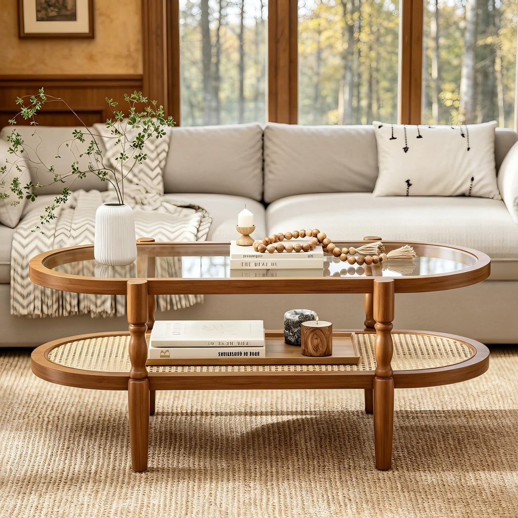 Rattan Coffee Table, Oval Wood Glass Table, Brown, 40 inch