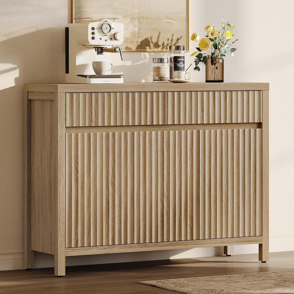 42" Fluted Buffet Cabinet with Storage - Mid Century Modern Sideboard with 2 Drawers & 3 Doors