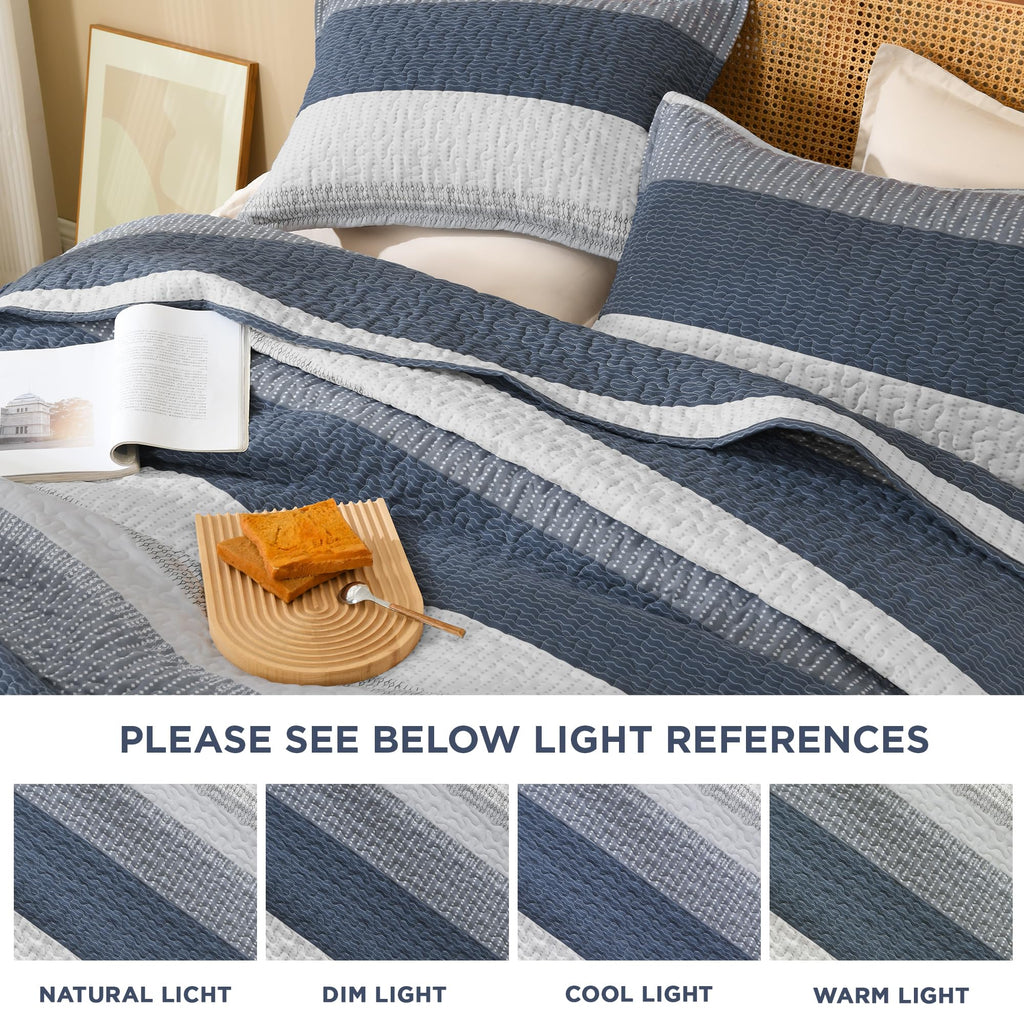 Super Quilt, 3 Pcs Navy Blue Stripe Bedding Set