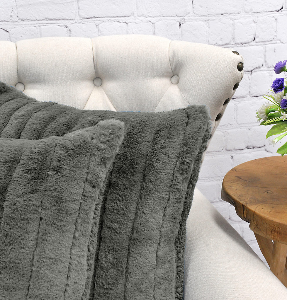 Striped Faux Fur Decorative Square Throw Pillow Covers with Sherpa Back 20 x 20 Inches Set of 4, Plush Soft Luxury