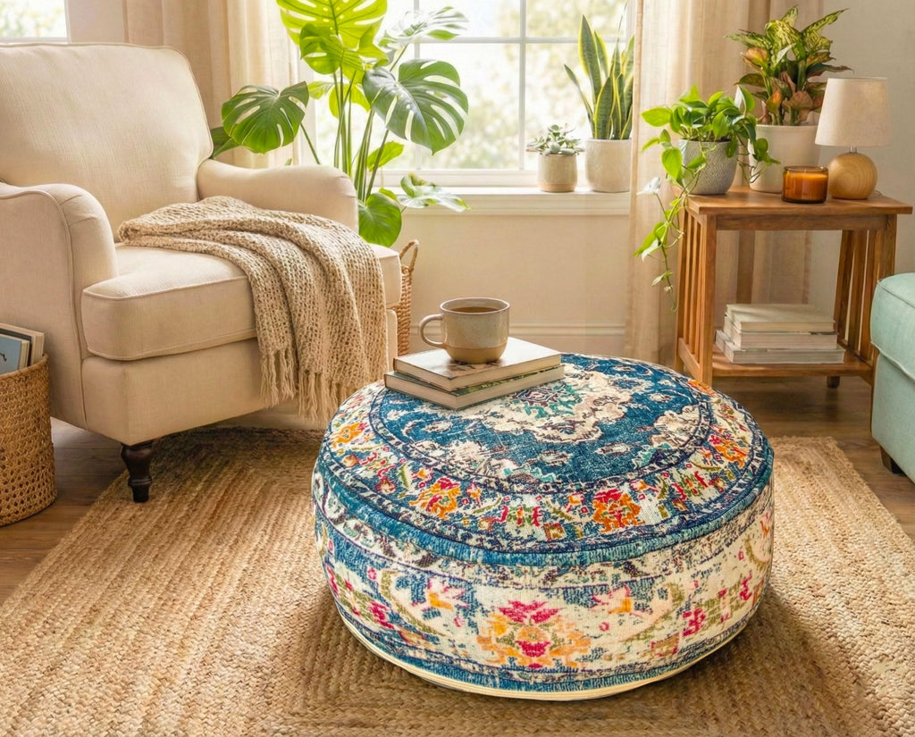 Floor Pillow Cover Blue Round Floor Cushion Boho Room Décor Moroccan Seating Area Perfect Pouf Ottoman for Living