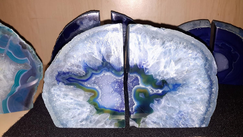 Blue Agate Quartz Geode Book Ends - Made from the Finest Grade Brazilian Agate