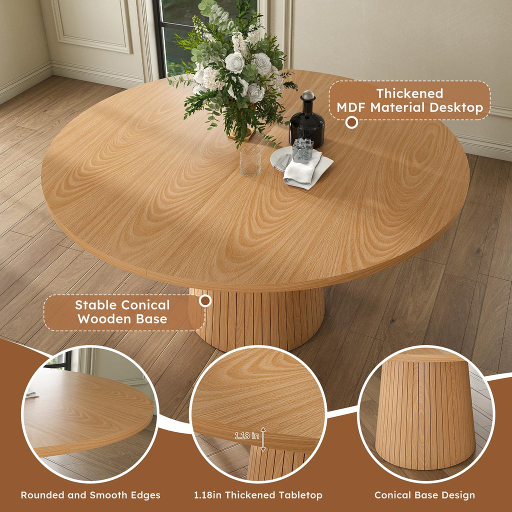 5-Piece Round Dining Table Set for 4, 47" Oak Dining Table + Beige Chenille Upholstered Dining Chairs with Light Oak