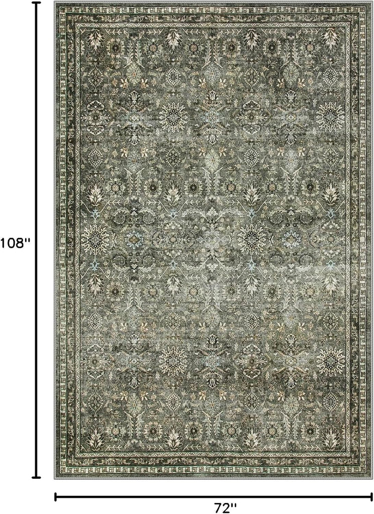 Sage Green Area Rug 6x9, Machine Washable Rugs, Boho Vintage Soft Bedroom Carpet Nursery Apartment Office, Dark Green