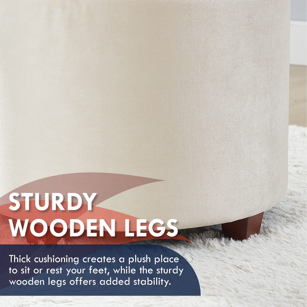 18" Round Storage Ottoman with Lid, Holds 300 lbs, Cream