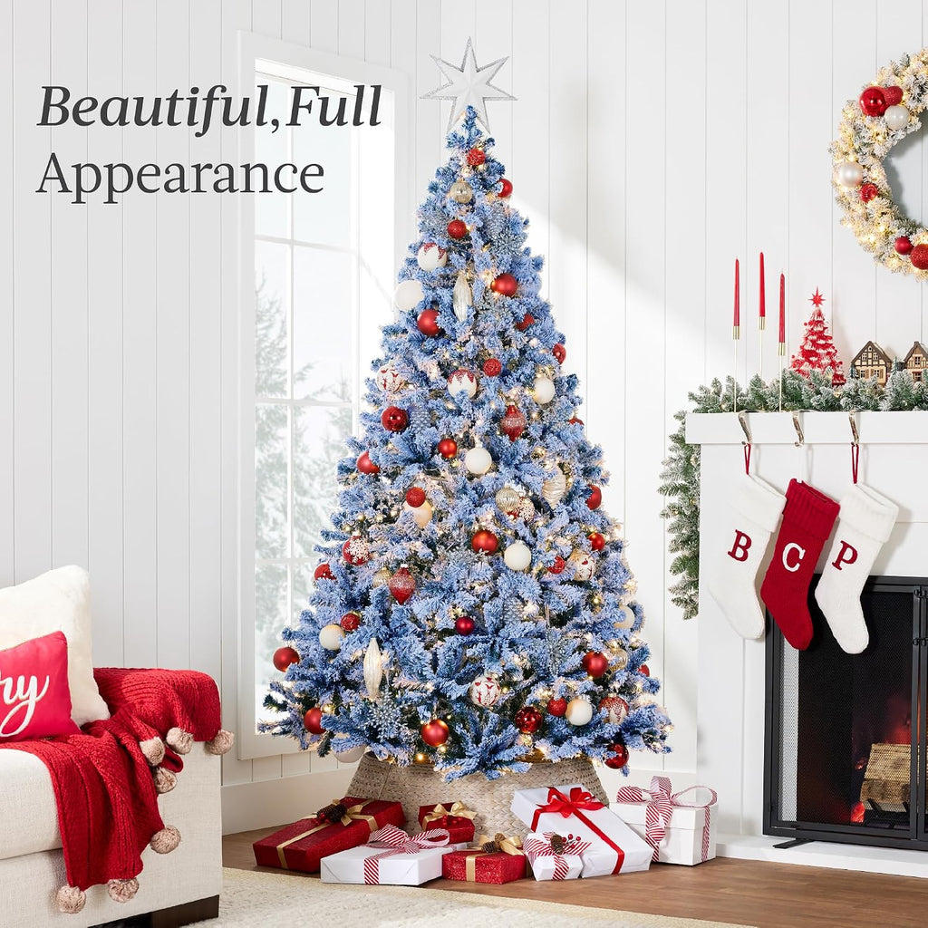 Pre-Lit Blue Christmas Tree, Artificial Flocked Full Fir Tree, Holiday Decoration w/ 900 Lights, 2,094 Branch Tips