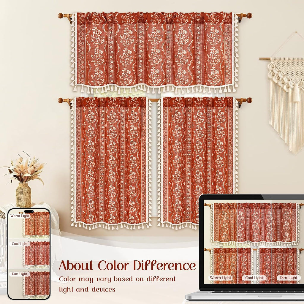 Boho Valance Curtains Vintage Linen Kitchen Valances for Windows Light Filtering Floral Valance Rod Pocket Farmhouse