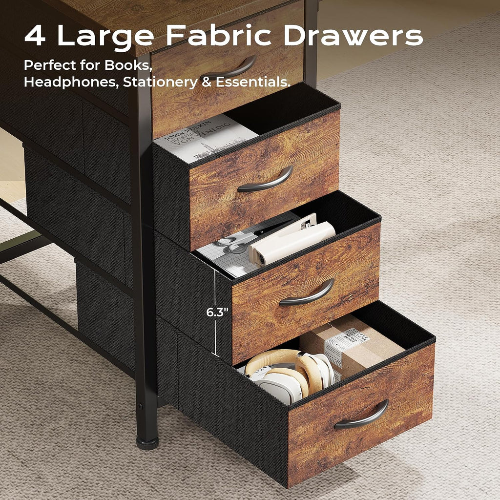55 Inch L Shaped Desk with Fabric Drawers, Reversible Computer Gaming Desk with Power Outlets and USB-C Port
