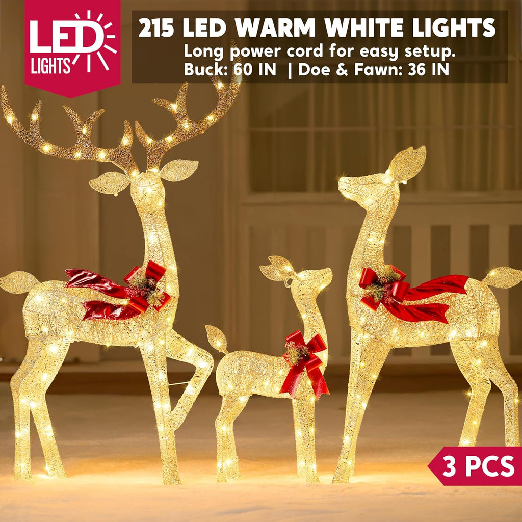 Outdoor Christmas Decorations for Yard, 3 Pcs Lighted Christmas Deer Family Set, 3 4 5FT Warm White LED Lights
