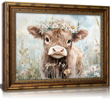 Vintage Gold Framed Cute Highland Cow Wall Art, Baby Cow with Flower Crown Wall Decor, Spring Countryside Landscape