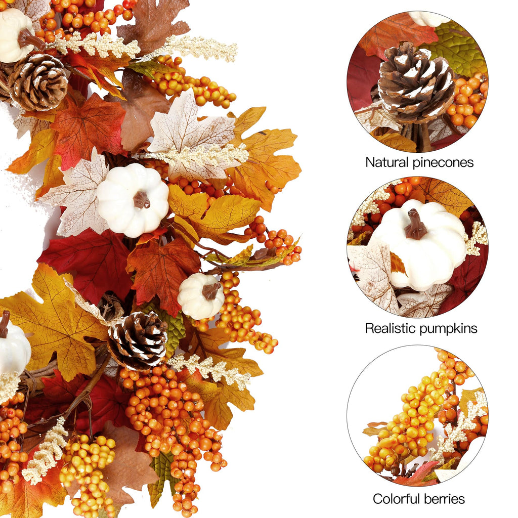 Fall Wreath 20'' Autumn Front Door Wreath Harvest Wreath with White Pumpkins Berries Maple Leaves Pine Cones Grain
