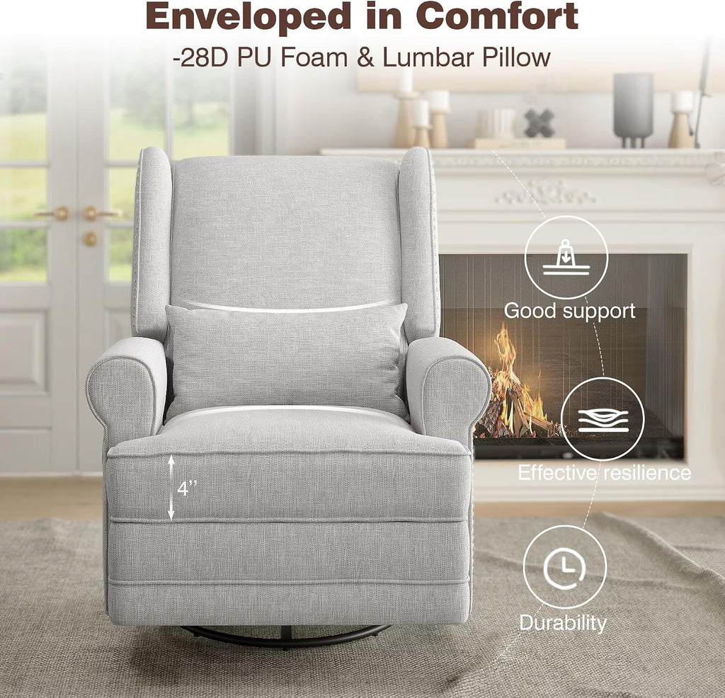 Manual Swivel Rocker Recliner w/ Lumbar Support, Linen Nursery Glider, Gray | 360° Swivel, Nailhead Trim