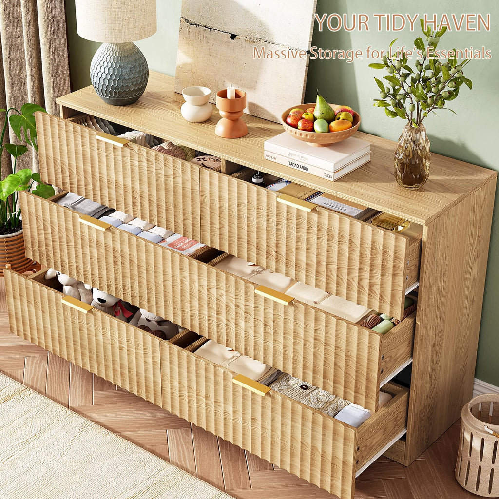 47.2" Wide Fluted 6 Drawer Dresser, Natural