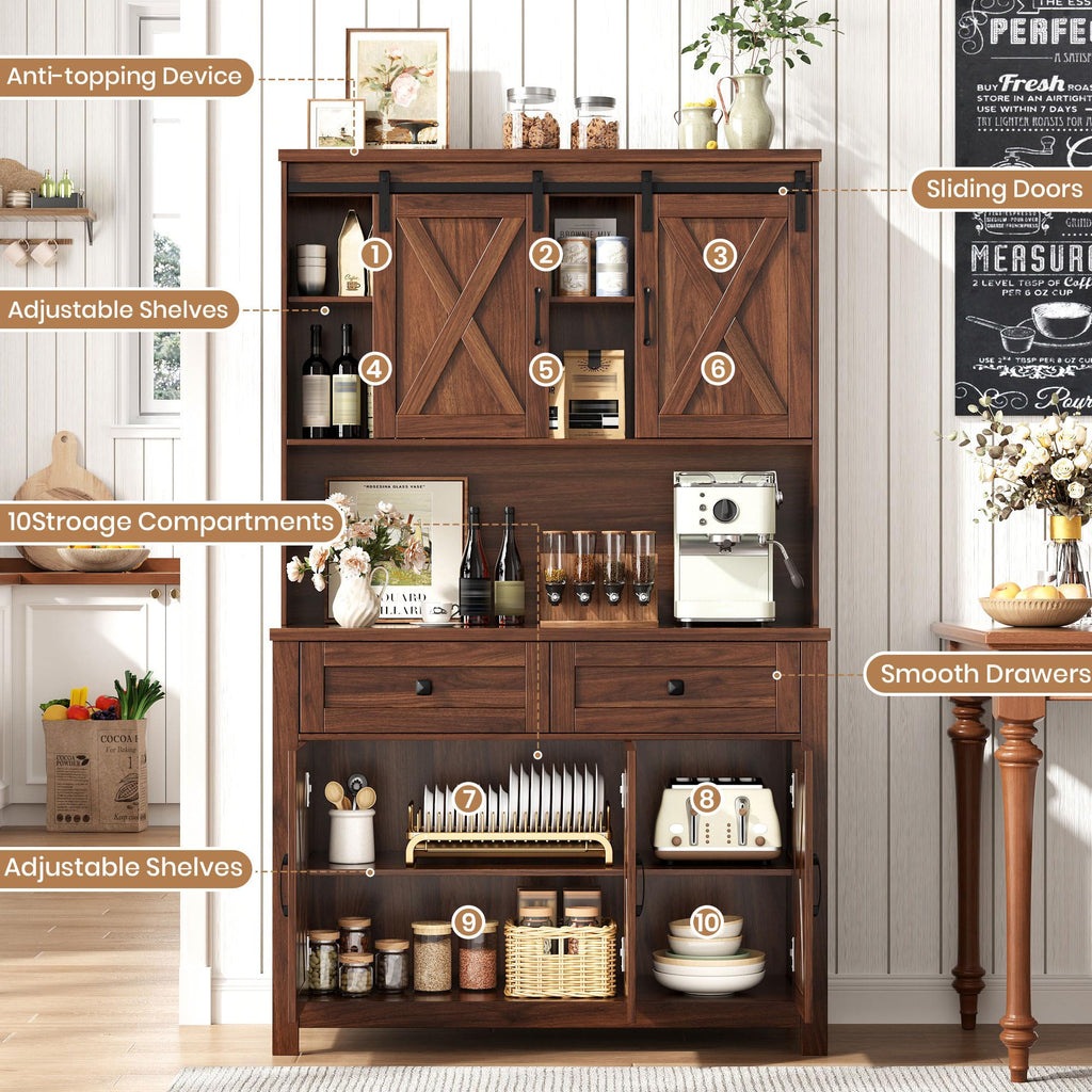 67.7" Pantry Storage Cabinet with 2 Drawers, Farmhouse Kitchen Hutch, Walnut