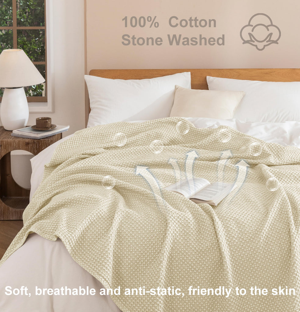100% Cotton Waffle Blanket Throw Size, Stone Washed Bed Blanket