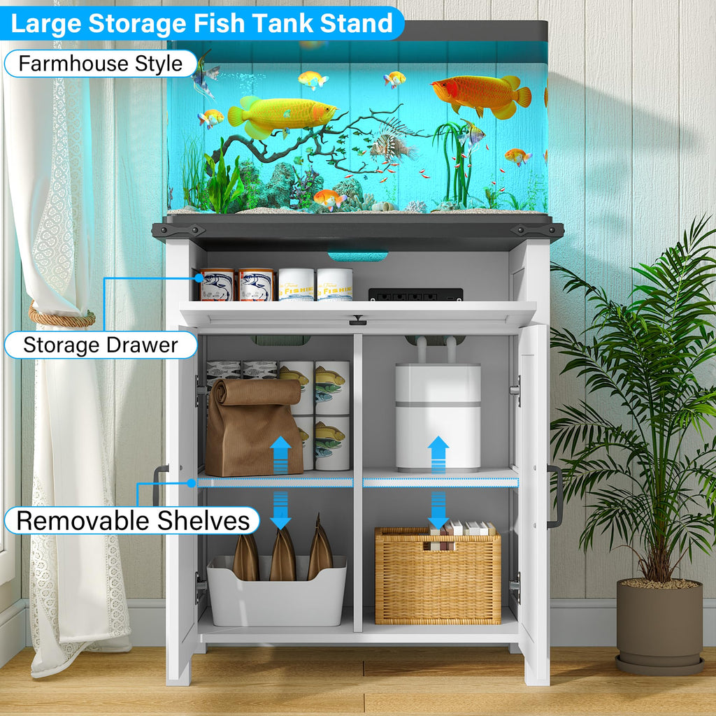 20 Gallon Fish Tank Stand with Power Outlets, Farmhouse Decorative Aquarium Stand Furniture with Adjustable Shelves