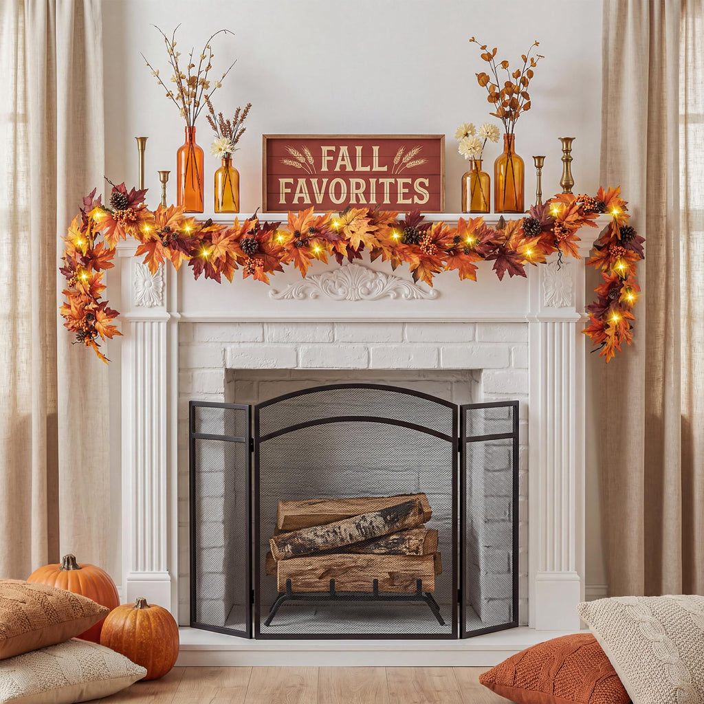 6Ft Fall Garland with 30 Lights & Timer Mantle Decor