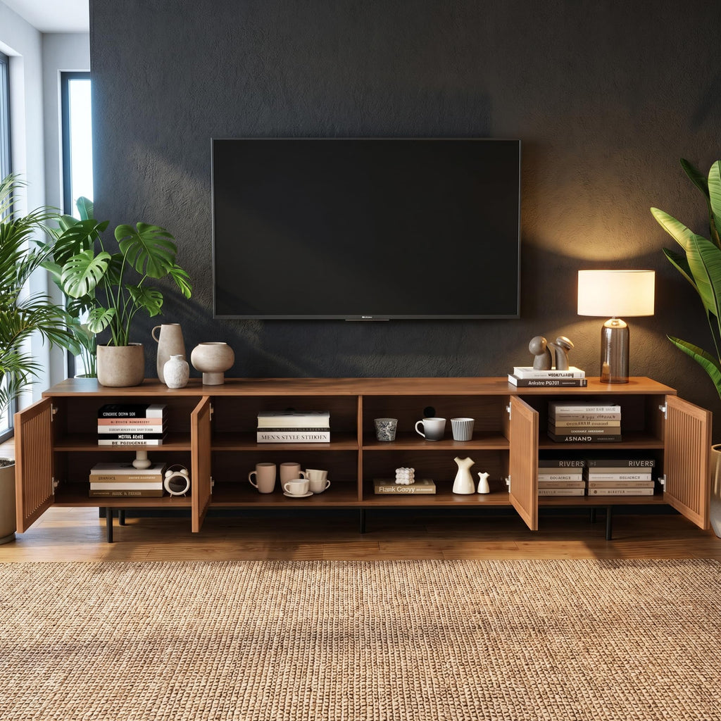 86.61" TV Stand with Slatted Doors, Media Console for 75+ TVs