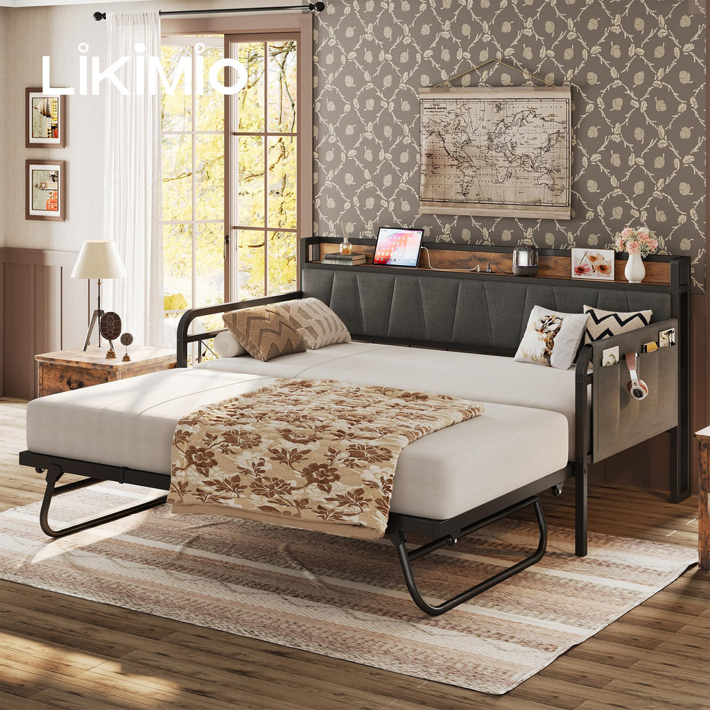 Twin Daybed with Trundle, Twin Bed Frames, Grey/Brown