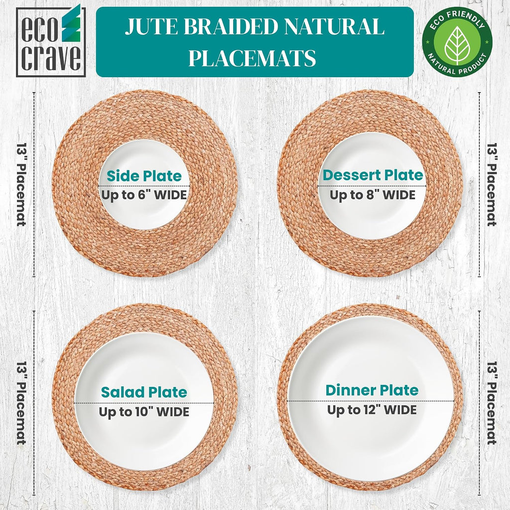 Natural Jute Placemats Set of 6, Round Woven Table Mats, 13 Inch Rattan Charger Plates for Dinner, Boho Farmhouse
