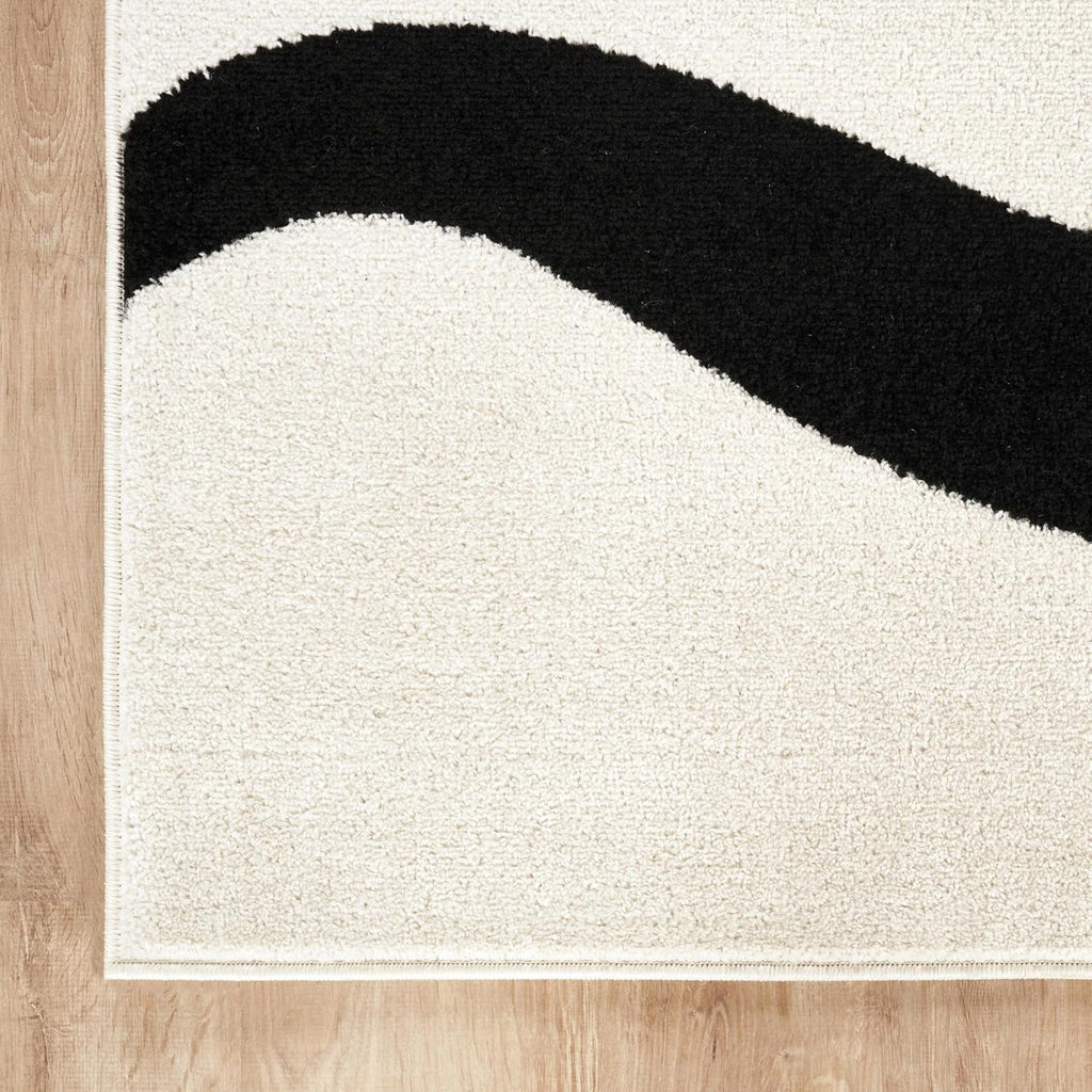 8x10 Black and Cream Area Rug | White Abstract Swirl Wave Carpet | 8' x 10' Beige/Ivory Geometric Wave Design |