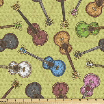 Guitar Fabric by The Yard, Wooden Acoustic Guitar in Colorful Design and Sketch Art Style Swirled Strings, Decorative