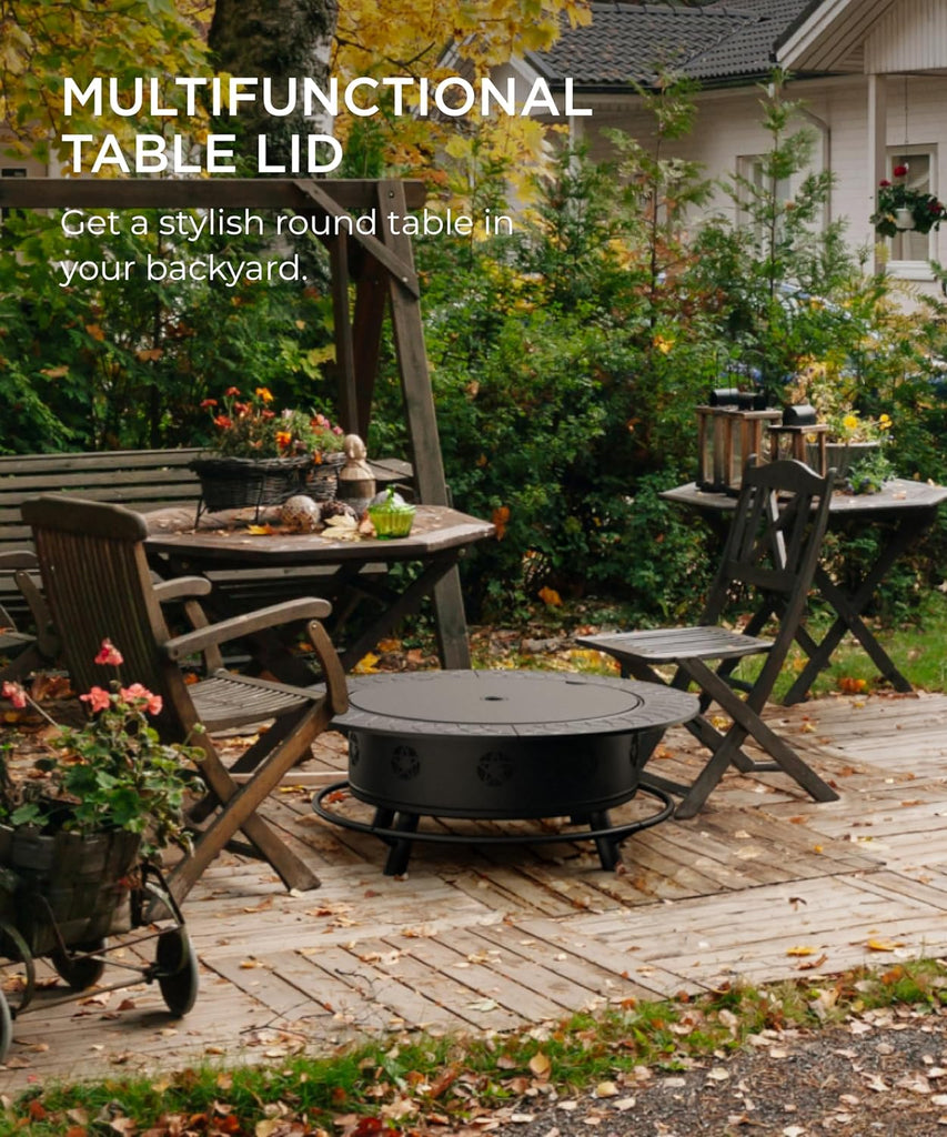43 Inch Fire Pit with BBQ Grill, Wood Burning Fire Pits for Outside with Lid & Poker, Extra Large Heavy Duty Firepits