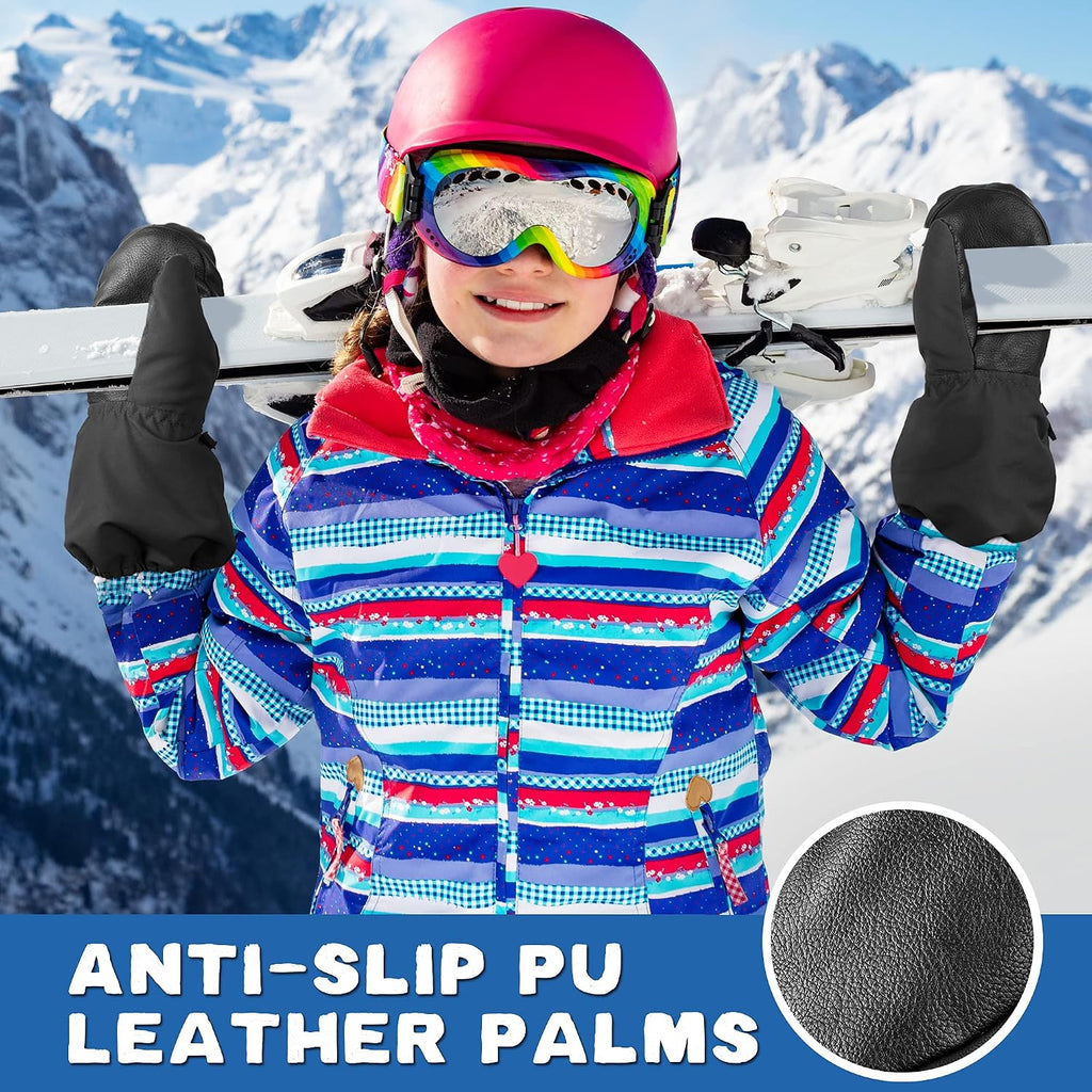 Kids Mittens, Waterproof Winter Warm Sherpa Ski Mittens with String